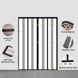 Insulated Door Curtain, Magnetic Thermal Door Cover Screen Door Self-Closing Privacy Magnetic Screen Door Hands Free for Patio, Kitchen, Bedroom, Air Conditioner Room, Fit Doors up to 72" x 80",Black