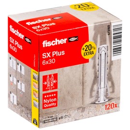 fischer Expansion dowels SX Plus 6 x 30 in an attractive action box, dowels for optimal hold for fixings in concrete, solid brick, aerated concrete, perforated bricks and much more, with 20% more