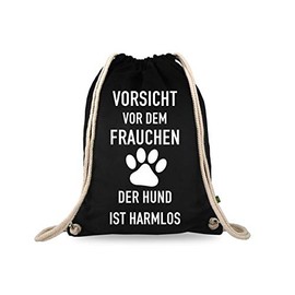 Turnbeutelliebe® Gym Bag with Saying "Vorsicht vor dem Frauchen der Hund ist harmlos" Cotton Black Sports Bag Backpack 37 x 46 cm, black