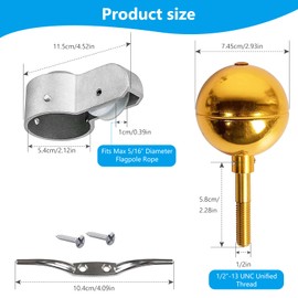PORFOYO Fahnenmast Zubehör Set, 11.5 M Fahnenmast Zubehör Kit, Fahnenmast Reparaturset, Fahnenmast-Teilereparatur-Set Für Gartendekoration, Goldene Kugelklemme, Rund, Haushaltsseil(Gold)