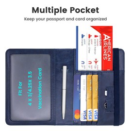 YIXXI Passport Holder Leather Rfid Blocking Passport Id Organizer Cover Wallet Case with Vaccine Card Holder Combo CDC Vaccination Protectors Book for Men Women (Navy Blue)