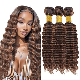 Dokksiiia 26 28 30 Inch Light Brown Deep Wave Bundles Human Hair Ombre P4/30 Deep Curly Weave Chocolate/Medium Brown Piano Highlights Bundles Brazilian Human Hair Extensions Natural Look