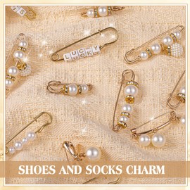 Janinka 348 Pcs DIY Junk Socks Charms Kit with Letter Beads, Gold Charm Safety Pin Brooch Pearl Rhinestone Jewelry Bulk Decorating Accessories for Women Socks Shoes Hat Clothes (Elegant Style)