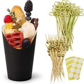 CAMKYDE 50 Charcuterie Cups + 200 Cocktail Picks + 56 Labels, 12 oz Disposable Charcuterie Cups with Sticks (2 Types), French Fry Cups Brown Paper Appetizer Cups for all Occasions（Black）