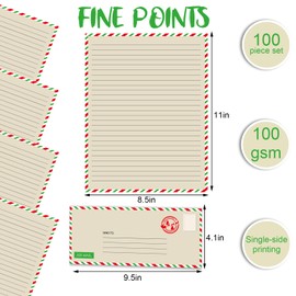 JarThenaAMCS 100Pcs Christmas Vintage Airmail Stationery Paper Set Red Green Border Lined Letter Writing Paper with Envelopes for Xmas Invitation Card Office Printing, 8.5" x 11"