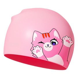 Pink Swimming Cap for Girls Age 3-12, Adorable Cat