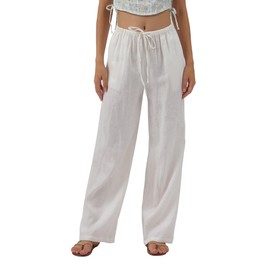Amazhiyu Womens Pure Linen Summer Drawstring Flowy Wide Leg Pants with Pockets White, Medium
