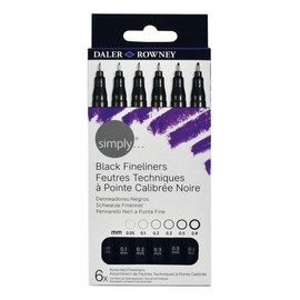 Daler-Rowney Simply Black Fineliners Set, 6 Pens, Ilustration, Drawing, Water-Resistant, Ideal for Entry-Level Artists & Hobbyists