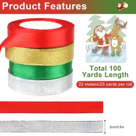 Christmas Ribbon for Gift Wrapping, Christmas Satin Ribbon Roll for Crafts, Xmas Ribbon Gift Ribbon for DIY Crafts Xmas Tree Present Decoration (W2cm Gold+Red+Silver+Green)