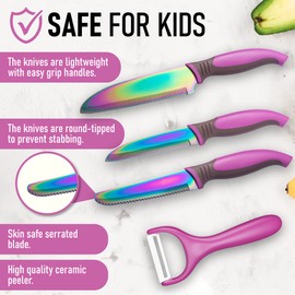 TruChef Kids Knife Set For Cooking – 5 Piece Kids Cook Set in Pink – Kids Cooking Supplies with Kids Chef Knife, Kids Paring Knife, Kids Peeler, Kids Serrated Knife & Universal Holder