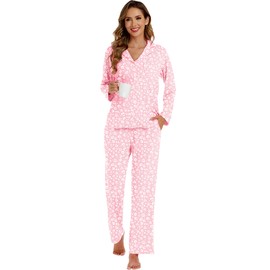 LUBOT Womens Bamboo Viscose Pajamas Set 2 Piece PJs Set for Women Buttery Soft Button-Down Long Sleeve Cozy Printed Sleepwear Loungewear (Pink Leopard, S)
