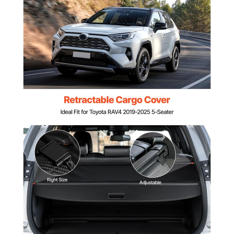 VEVOR Cargo Cover for 2019-2024 2025 Toyota RAV4 Accessories, Carbon