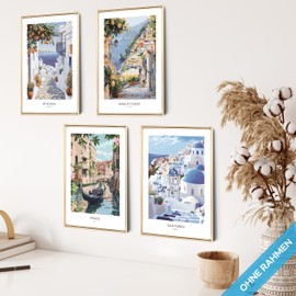 mojoliving Picture Set Mykonos Santorini Amalfi Venice Poster Greece Wall Pictures Italy Aesthetic Poster Retro Wall Decoration Living Room Pictures Bathroom