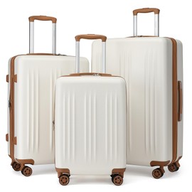 Kono Expandable Luggage 3 Piece Set Hardshell Lightweight 20in 24in 28in Carry On Suitcase with Spinner Wheels TSA Lock (Cream White & Brown)