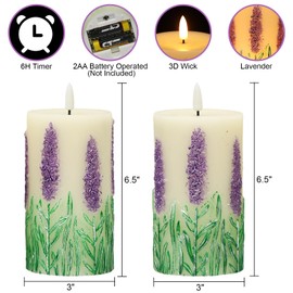 DRomance Lavender Flameless Candles Battery Operated with 6 Hour Timer 3D Wick Flickering LED Pillar Candles Real Wax Hand-Painted Dinner Christmas Holiday Decor(2 Pack, 3" D x 6.5" H)