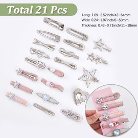 SOFPLATE 1 Box 21 Stück Silberne Haarspangen In Herz Und Sternform Glänzende Glitzer Haarspangen Mit Druckknopf Doppelstern Haarnadeln Zubehör Schleife Liebeskopfbedeckung Für Frauen Lange Und Kurze
