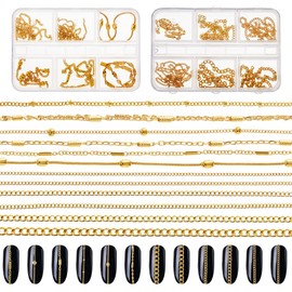 DICOSMETIC 12Pcs 2 Styles Nail Chains Metal Nail Art Chain 3D Golden Chains Alloy Nail Art Decorations Accessories Punk Nail Studs Charms for DIY Nails Making Women Men