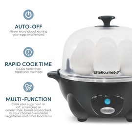 Elite Gourmet Easy Electric 7 Egg Capacity Cooker, Poacher, Omelet Maker, Scrambled, Soft, Medium, Hard Boiled with Auto Shut-Off and Buzzer, BPA Free