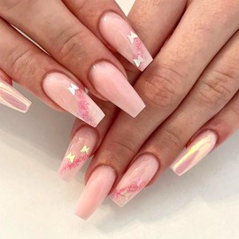 Coffin Press On Medium Fake Nails Light Pink Glue On Butterfly Sequins Glitter Design False Nails Press On Glossy Full Cover Acrylic Artificial Stick On Nails for Women Girls 24Pcs