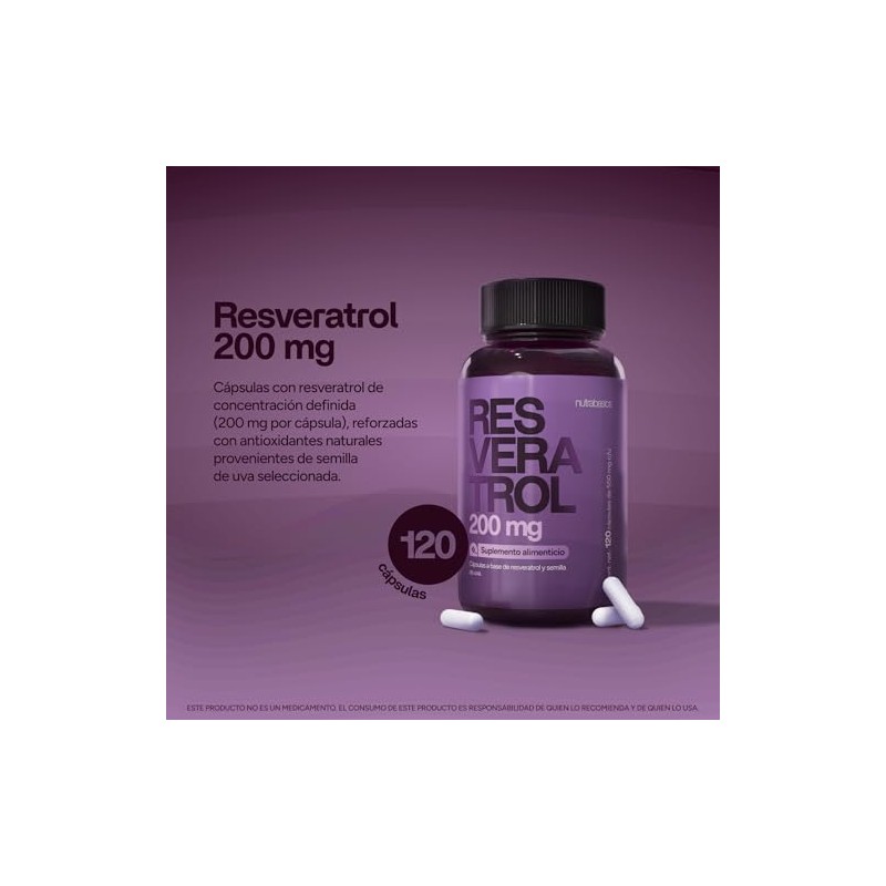 Resveratrol 200mg Puro 120 Cápsulas con Semilla de Uva Nutrabasics