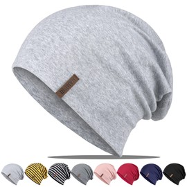Slouch Beanie Hat, Soft Thin Cotton Hat, Lightweight Breathable Long Beanie, Jersey Chemo Hat, Elastic Running Hat for All Seasons, lightgrey