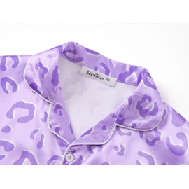Beezizac Satin Silky Pajama Leopard Purple Short Set For Little & Big Girls Cute Cozy Outfit Kid Size 10