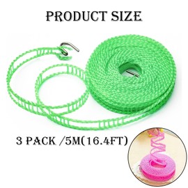 Travel Washing Line, 3 Pack Portable Clothes Lines for Outside, Windproof Nylon Washing Line with Hooks, Ideal for Camping, Travel and Home Use, 5 Meters Each in Blue, Green, Pink