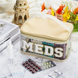 Neceser de Letra de Chenilla Bolsa de Maquillaje de Nailon Portátil Bolsa de Cosméticos de Parche Preppy con Cremallera Cosmetiquera de Almacenamiento de Artículos de Aseo (Beige, Rústico MEDS)