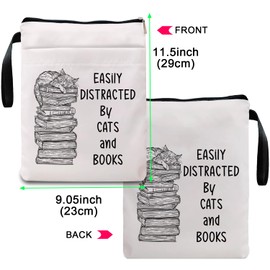 Book Sleeve, Book Covers with Zipper, Funny Cat & Book for Book Lovers, Gifts for Women Teacher Librarian Bookworm Bookish- Easily Distracted by Cats and Books (White-A, Large)