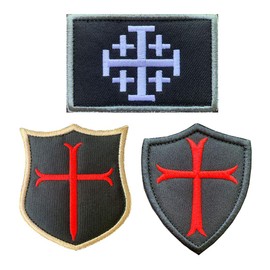 Antrix 3 Pieces Jerusalem Cross Crusader Order Holy Sepulchre Crusader Shield Emblem Patch and Crusader Knight Emblem Badge Patch Hook & Loop Tactical Military Patches