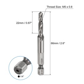 sourcing map Combination Drill and Tap Bit, Metric M5 x 0.8 Thread 1/4" Hex Shank, Threading Screw Taps Spiral Flute Machine Drilling Tapping Tool, High Speed Steel (HSS) 6542