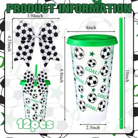 Skylety 12 Sets Soccer Plastic Tumbler with Lid and Straw Bow Decorated 24oz Reusable Plastic Cups Sports Gifts for Fan Friend Birthday Soccer Party Supplies