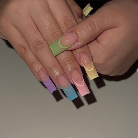 ANDGING Neon Long Press on Nails Square Fake Nails with Glue Acrylic Aesthetic Ballerina Glue on Nails with Designs Iridescent Gel Manicure False Nail for Women Stick ons Nails for Wedding Birthday