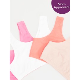 Fruit of the Loom Girls Cotton Built-Up Stretch Sports Bra 4 Pack Miami Pink/Sunset Coral/Rose Shadow/White 28