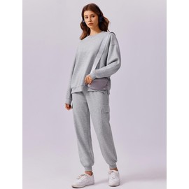 PINSPARK 2 Piece Outfits for Women Crew Neck Sweatshirt Cargo Jogger Pants with Pockets Dressy Casual Lounge Set 2025, Light Grey Medium