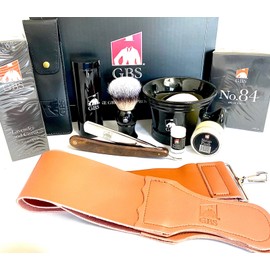G.B.S Men's grooming Set - G.B.S 6/8" Razor Ceramic Shaving Mug, All-Natural Soap - Eau De Toilette, Aftershave Balm Styptic Powder, Leather case, Synthetic Brush with Travel Case, Strop & Paste.