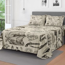 Pamnest 3 Pieces Twin Size Bed Sheet Sets, Pirate Vintage Skull Soft Microfiber Bedding Sets for Kids and Adults Bedroom Bed Decor, Nautical Sea Flat Sheet, Fitted Sheet and Pillowcases