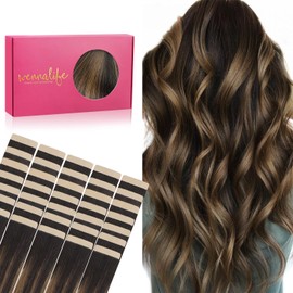 WENNALIFE Tape-In Real Hair Extensions, 40 Pieces, 100 g, 35 cm / 14 Inches, Balayage Dark Brown to Chestnut Brown Hair Extensions, Invisible Tape-In Extensions, Real Hair, Silky Hair Extensions