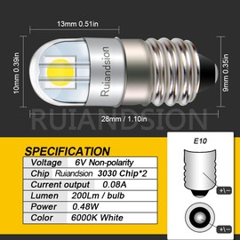 Ruiandsion E10 LED Bulb 6V Non Polarity 200LM 6000K White E10 Base Socket LED Bulb for Home Experiment Circuit Electrical Pack of 2