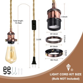 PATIKIL 15.4Ft Pendant Light Cord Kit, Plug in E26 Socket Hanging Light with Switch Industrial Vintage Twisted Rope for Farmhouse Lamp Fixture DIY, Red Copper