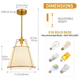 ZVXREZLD Modern Pendant Light Fixtures with 12" White Linen Fabric Shade, Adjustable Hanging Light Fixture,Drum Gold Vintage Chandelier for Kitchen Island Bedroom Dining Room Foyer Entryway