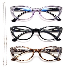 EYEURL 3-Pack Cat Eye Reading Glasses for Women Blue Light Glasses Fashion Computer Readers with Spring Hinge Anti-Glare Readers for Women 0.5