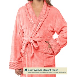 PAVILIA Soft Plush Women Fleece Robe, Cozy Warm Bathrobe, Fuzzy Female Long Spa Robe, Coral, Large-X-Large