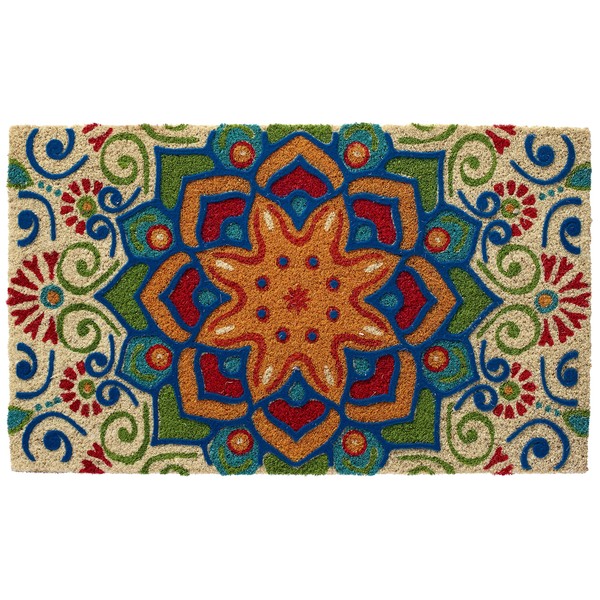 HF by LT Boho Market Printed and Flocked 100% Coir Doormat, 18 x 30 inches, Slip-Resistant PVC Backing, Durable, Sustainable, Multi-Colored, Star of India Design, 5 Styles Available