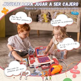 Caja Registradora Juguete para Niñas, Juegos de Imitacion de Supermercado con Comida de Juguete, Calculadora de Cajita Registradoras para Niños, con B