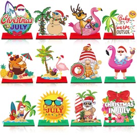 12 Pcs Christmas in July Centerpieces 3D July Summer Party Decorations 3.9 Inches Santa Flamingo Palm Tree Wooden Centerpieces for Tables for Holiday Xmas Home Table Desktop Favors Supplies