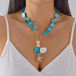 BELLA-Bee Shell Necklaces for Women Trendy, Waterproof Boho Colorful Seashell Starfish Chunky Pearl Choker Necklace Dainty OT Buckle Gold Charm Necklace Fashion Summer Vacation Jewelry (Style 1)
