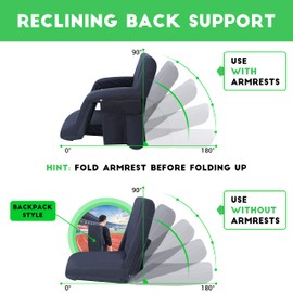 WGOS Stadium Seats, 5 Reclining Positions Bleacher Chairs with Padded Armrests, Side Pockets, Waterproof Thick Cushion, W/Zippered Back Holder & Shoulder Straps (Dark Black Set of 1)