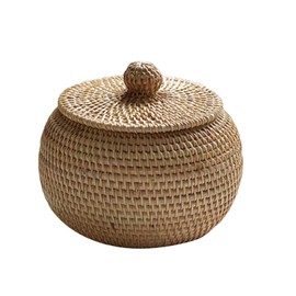 Fiacvrs Rattan Round Fruit Basket Bowls with Lid Food Round Bowls Organizer Container for Fruit, Vegetable,Rattan Storage Basket Desk Organizer (size:15 * 12cm)