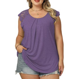Plus Size Sleeveless Shirts for Women Trendy Lace Tank Tops Dressy Casual Pleated Blouse 2025 Summer Vacation Clothes Purple 3XL